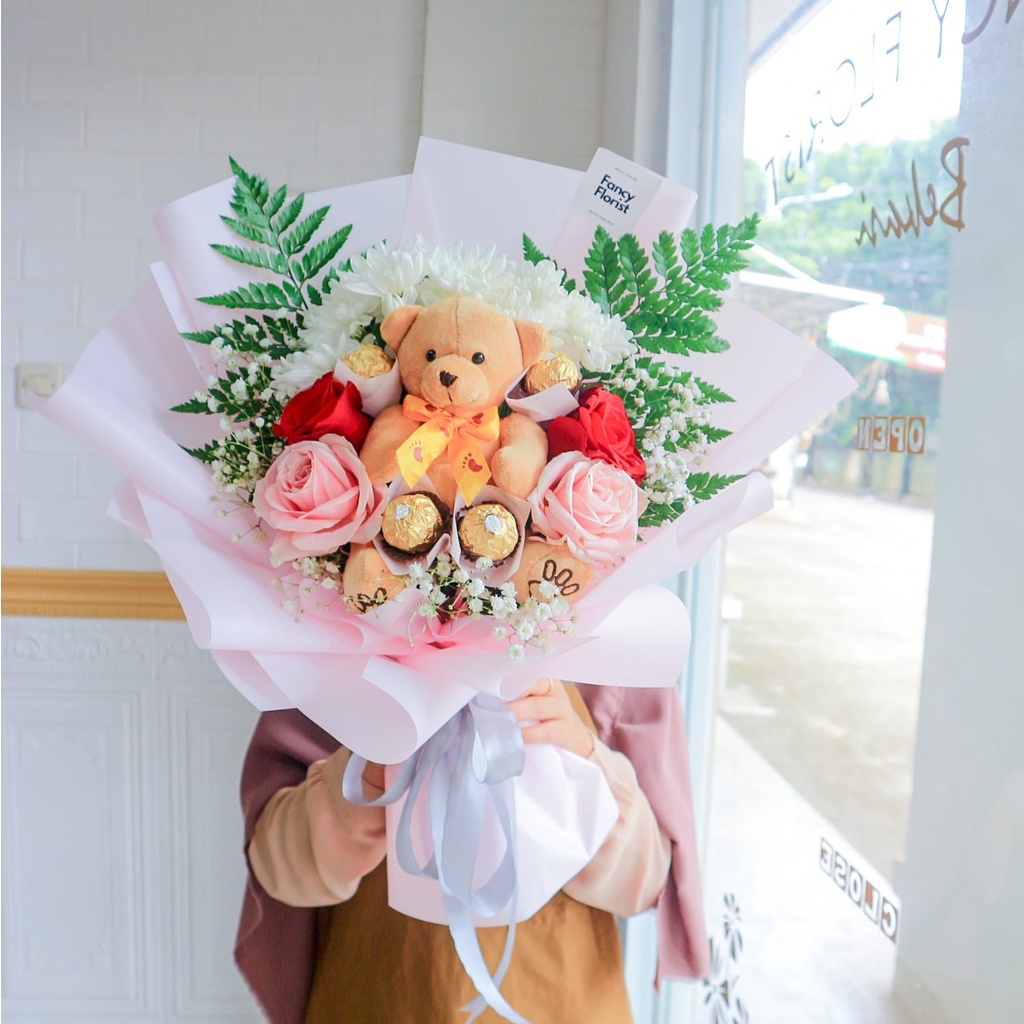 

Chocolate buket - ferero 4 pcs mix teddy bear and flower