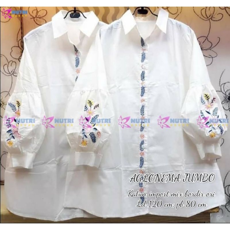 Agnolema Kemeja Tunik Balon White Putih Polos Katun Import Bordir Bunga Ld 120 Jumbo Fit XXXL By Nut