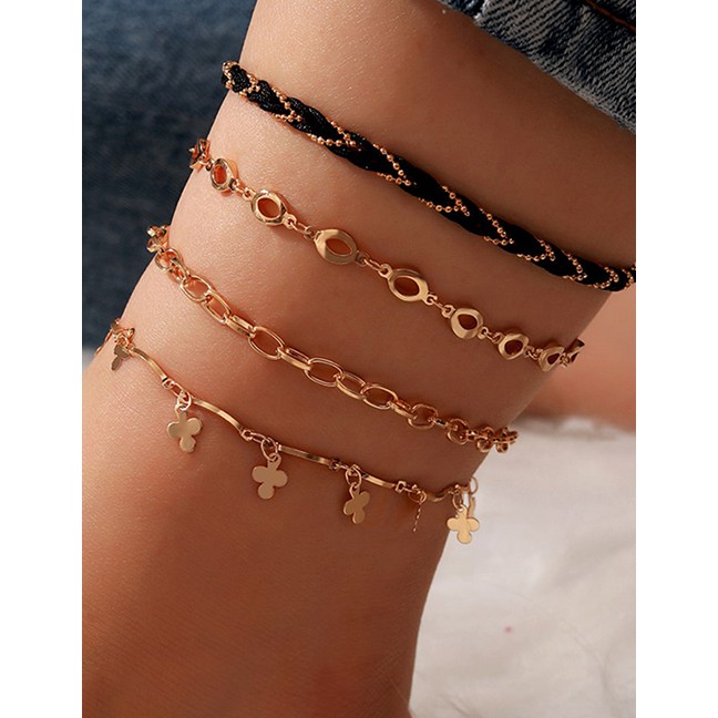 LRC Gelang Kaki Fashion Golden Thick Chain Flower Cord Braided Multilayer Anklet P06602