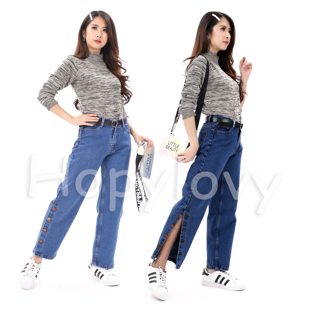 HOPYLOVY - Celana Boyfriend Jeans Wanita Model Kulot Kancing Samping Arabela