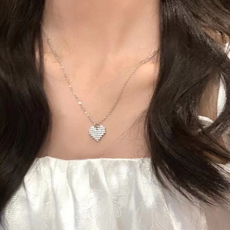 Kalung Rantai Klavikula Model Lapis Ganda Desain Hati Warna Silver Gaya Korea Untuk Wanita