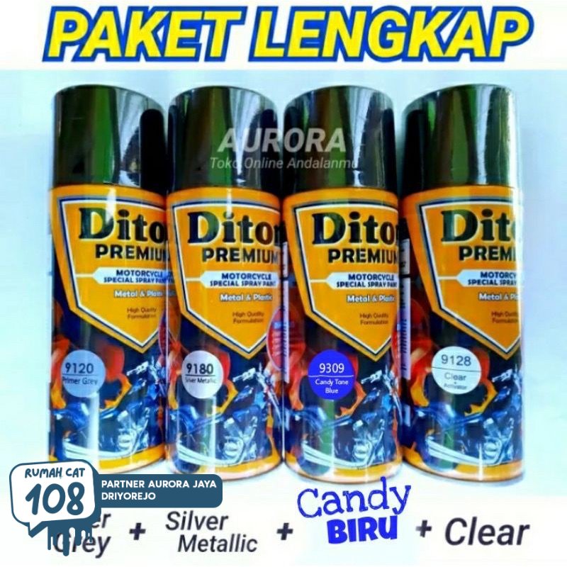 

Rumah Cat - PAKET Diton Premium Candy Tone Blue 9309 Biru Primer Grey 9120 Silver Metallic 9180 Clear 9128 Rumah Cat Motor dan Mobil