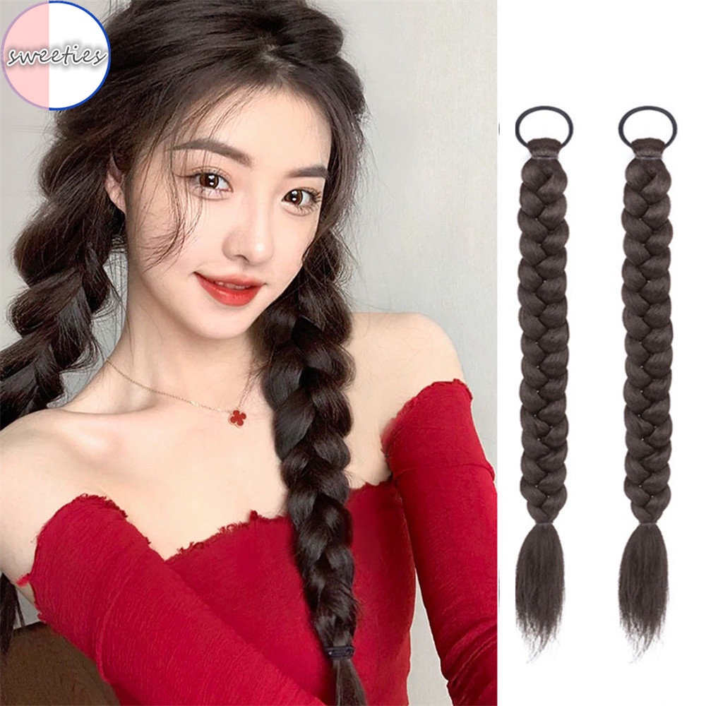 Y2k 1PC woman Natural Long braids Wig double Ponytail twist braids fluffy Wig 45CM Rambut Ekstensi Wig