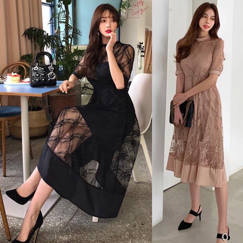 VIVI LACE DRESS KOREAN VINTAGE FORMAL BRUKAT MIDI NATAL IMLEK CHRISTMAS DINNER BROCADE KOREA LOOK / 