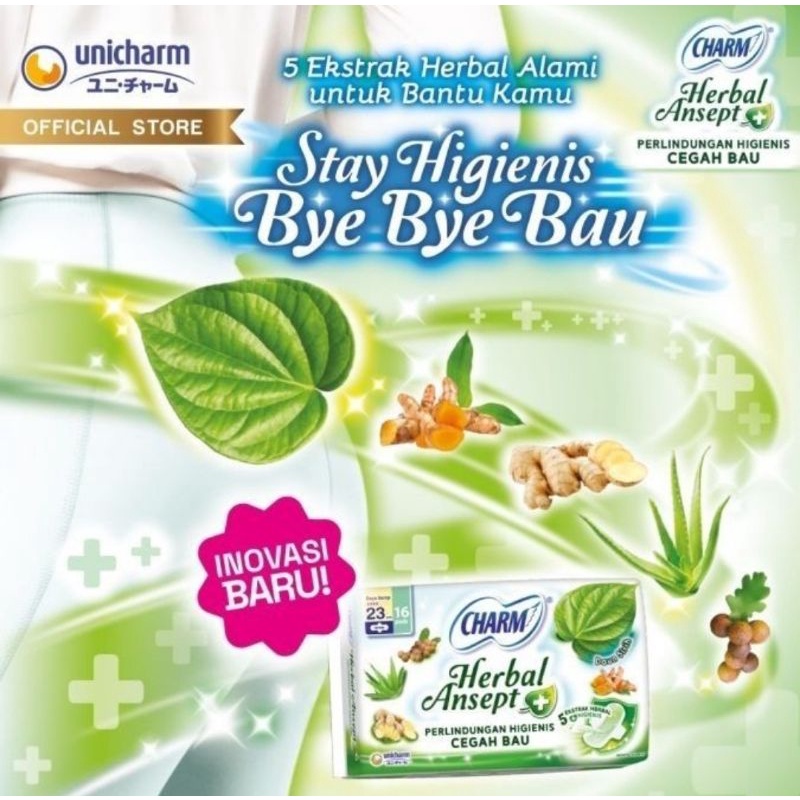 CHARM Pembalut Herbal Ansept + 26cm isi 14 Wings Pad Higienis