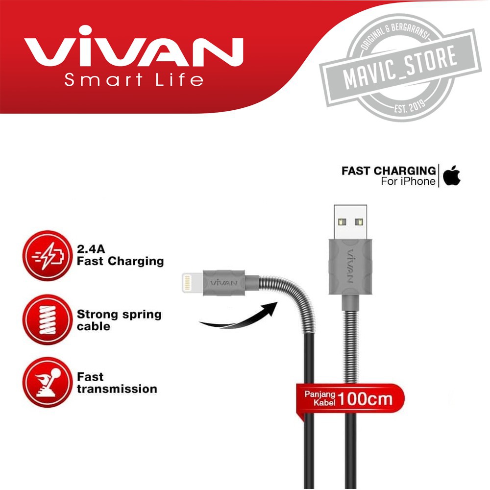 Kabel Data Vivan FL100 For iPhone 8/ X/ 11 Lighting Data Cable 2.4A 1M  Black+Grey