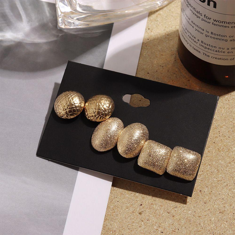 Preva 3pasang/Set Scrub Gold Anting Charm Fashion Perhiasan Bulat Oval