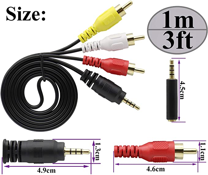 Kabel Adapter Audio Video Av 3.5mm Male Ke 3 Rca Kualitas Tinggi Panjang 1m