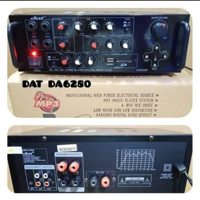 POWER AMPLIFIER AMPLY DAT DA 6280 DA6280 MIC INPUT TREBLE BASS ECHO DVD VOLUME MP3 MUSIC KARAOKE ECH