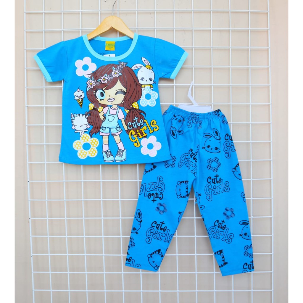 KJ Motif Cute Girl / Setelan Baju Celana Piyama Anak / Bayi Perempuan  Usia 2 - 8 tahun