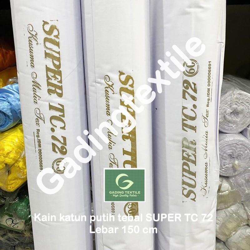 ( per 1 roll ) Kain tetoron katun polos jepang putih tebal SUPER TC 72 lebar 150 cm isi 54 meter bahan baju kemeja hem atasan seragam sekolah kerja kerudung jilbab hijab background backdrop foto mori kafan layar tancap taplak meja tirai hordeng gorden