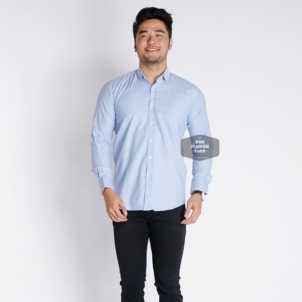 Kemeja Pria Lengan Panjang Polos Biru Muda Oxford Slimfit Casual Ada Ukuran Jumbo