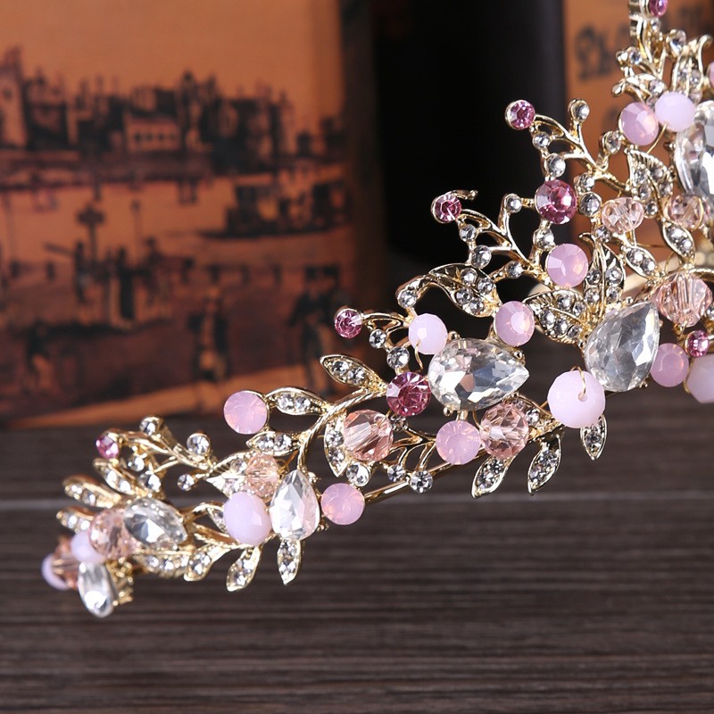 Deartiara Set Bando Tiara Handmade+Anting Tusuk Desain Kristal Warna Emas Pink Untuk Wedding