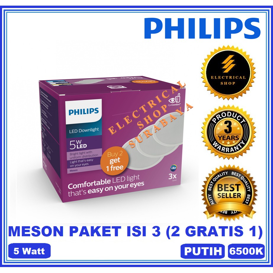 PHILIPS DOWNLIGHT LED MESON PAKET 5W 5 WATT 090 6500K PUTIH 59447 MULTIPACK BUNDLING 2 GRATIS 1