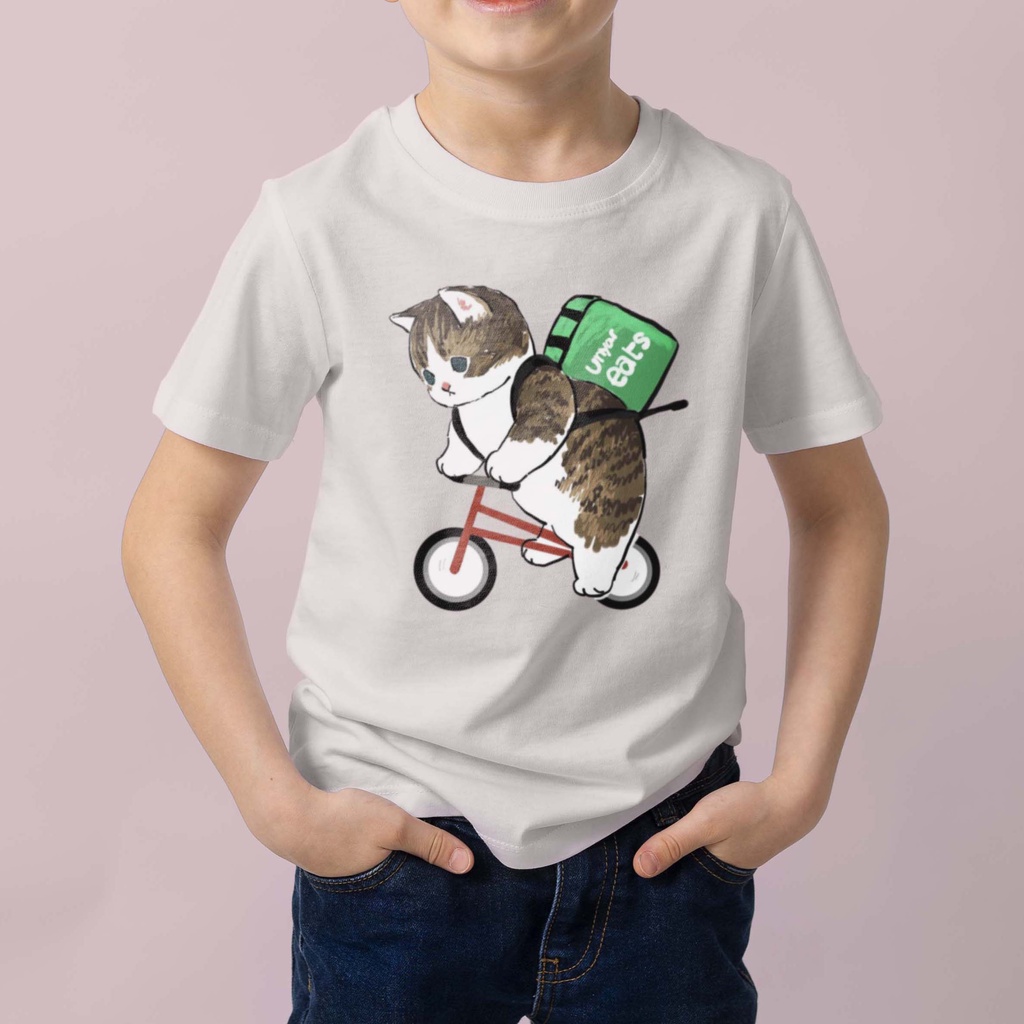 Kaos Anak Cowok Cewek Kucing Bersepeda Cotton Combed 30S