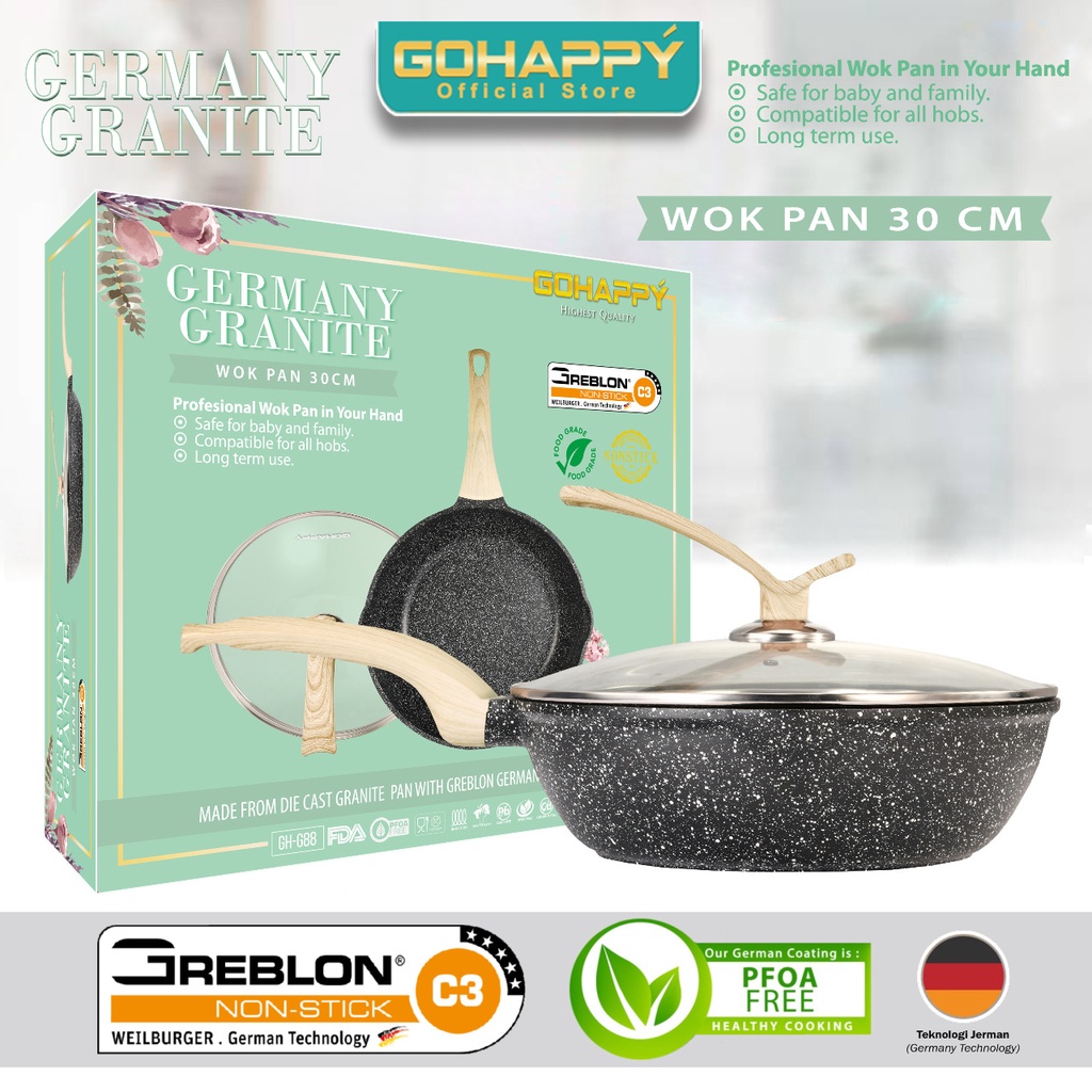 GREBLON C3 Wok Pan 30 cm Germany Granite Gohappy - Panci Penggorengan paling bagus