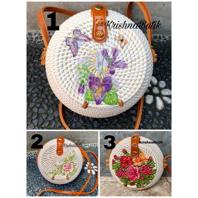 Tas Selempang Rotan Putih Kendi Motif Decoupage Khas Bali
