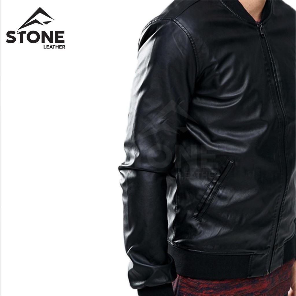 JAKET BOMBER PRIA SLIM FIT KULIT SINTETIS