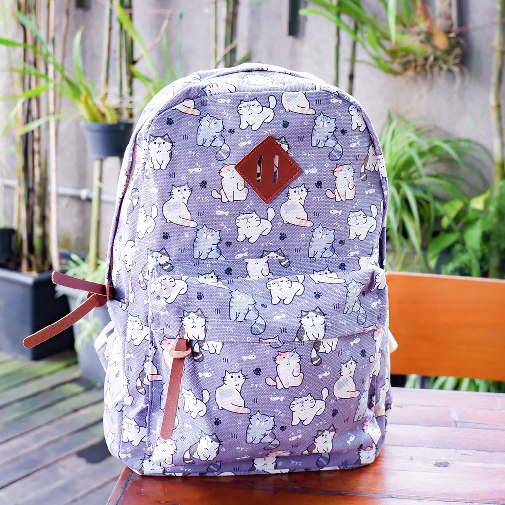 BACKPACK KUCING UNGU // taskanvasbdg - tas kanvas - tas ransel wanita - tas wanita - tas lucu - tas cewek