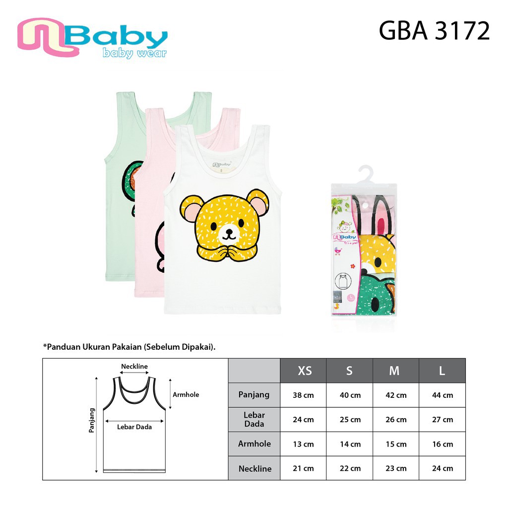 Nbaby Pakaian dalam Singlet Balita Baby Nbaby Cute Animal GBA 3172 (1 Pack isi 3 Pcs)