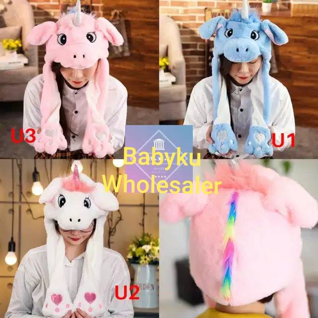 Topi kupluk unicorn stitch telinga bisa gerak / dancing hat unicorn stitch