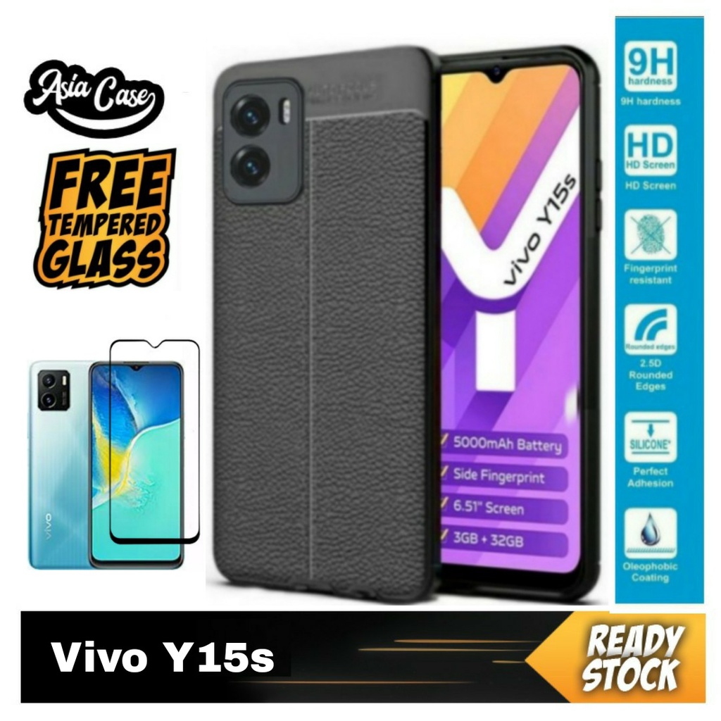 Case VIVO Y15s Free Tempered Glass 9D Full Layar Cover Auto Focus Leather