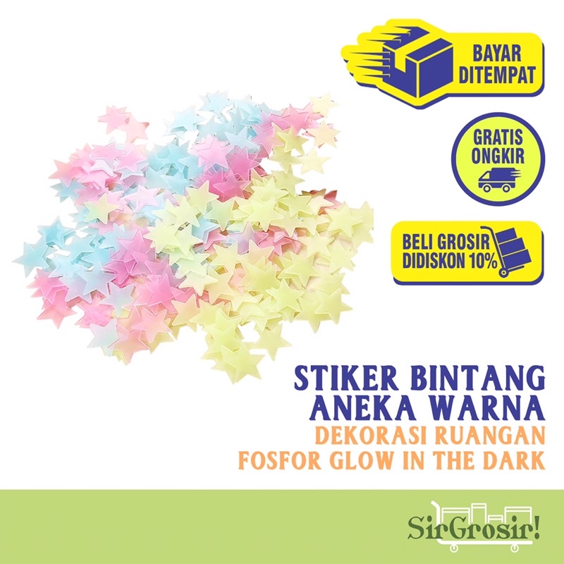 GLOW IN THE DARK STAR STICKER - Hiasan Bintang Tempel Dinding Aneka Warna Dekorasi Interior Kamar