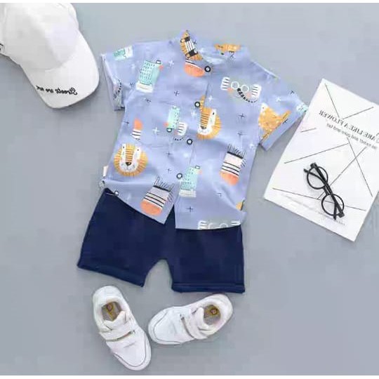 Setelan Kemeja anak Laki laki / Set Kemeja Celana anak cowok Trendy Unik Katun Import 9 bln-3 thn-Animal Biru