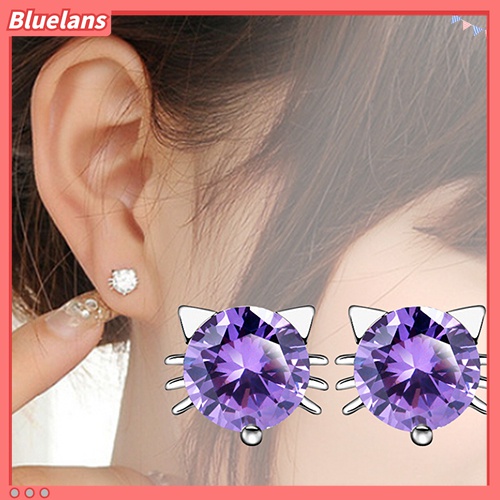 Anting Stud 925 Sterling Silver Bentuk Kucing Aksen Zirkon Untuk Perempuan