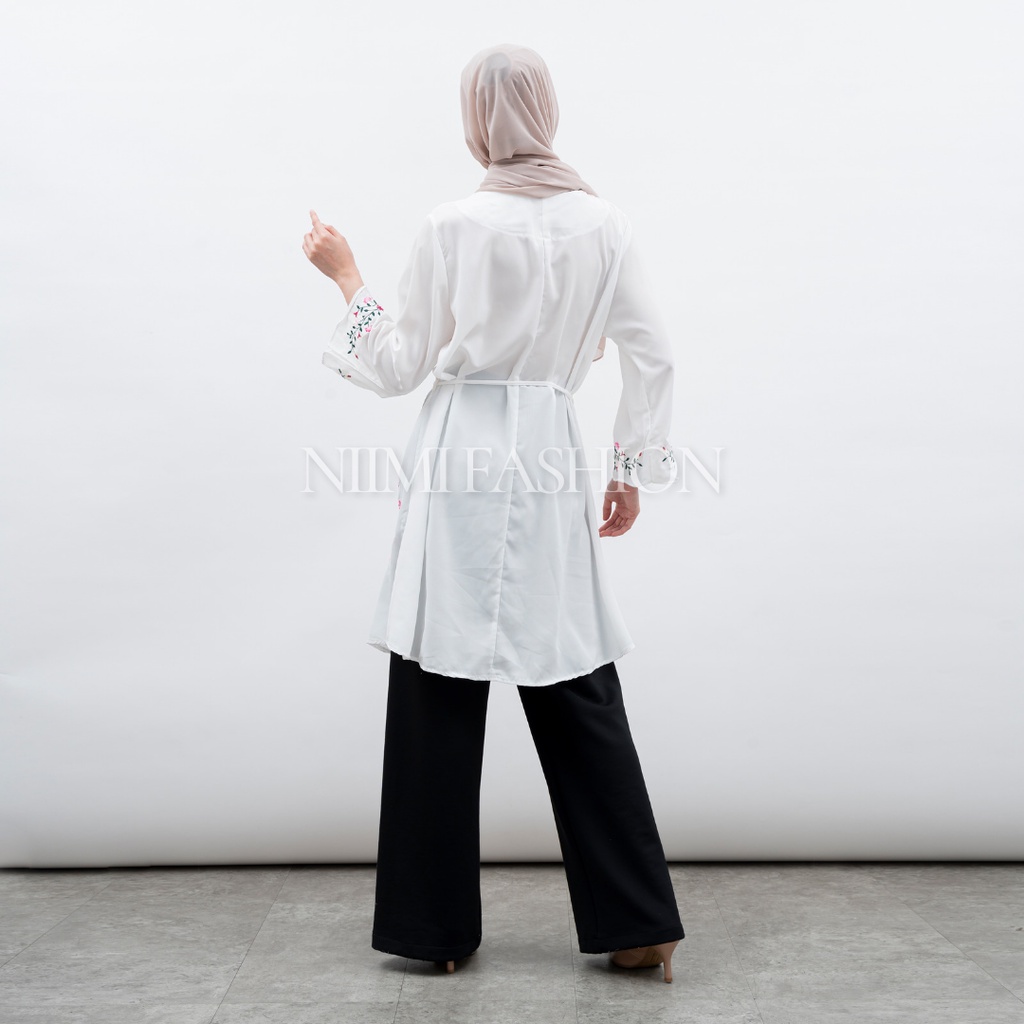 NIMI - Abira Blouse Putih Midi Dres Putih Bordir Premium Atasan Long Tunik Putih Jumbo Bordir