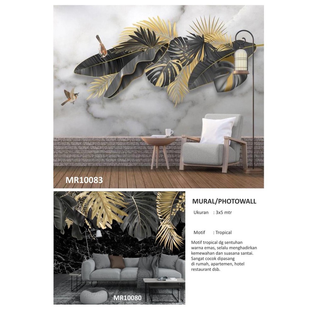 PHOTOWALL MURAL DINDING WALLPAPER MURAL MOTIF DAUN GOLD N BLACK TROPICAL