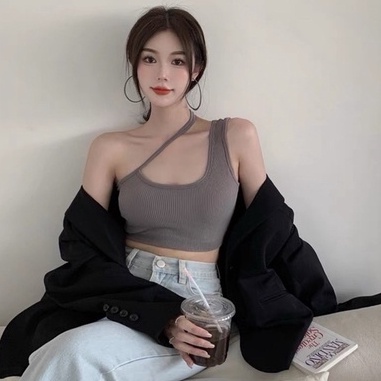 Korean Cross Tank Top with Bra Stylish Wanita / Toga Padded Tanktop Crop-Coklat