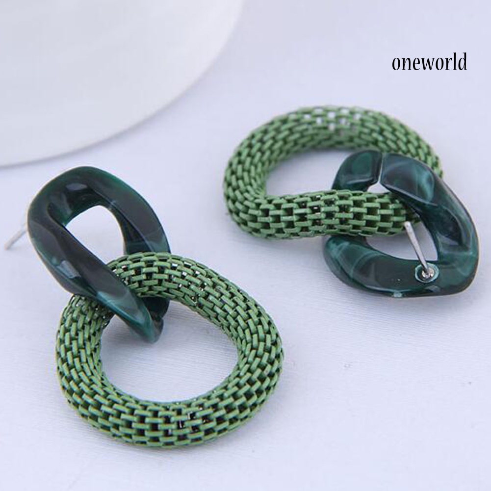 OW@ Women Fashion Acrylic Mesh Linked Circle Pendant Stud Earrings Party Jewelry