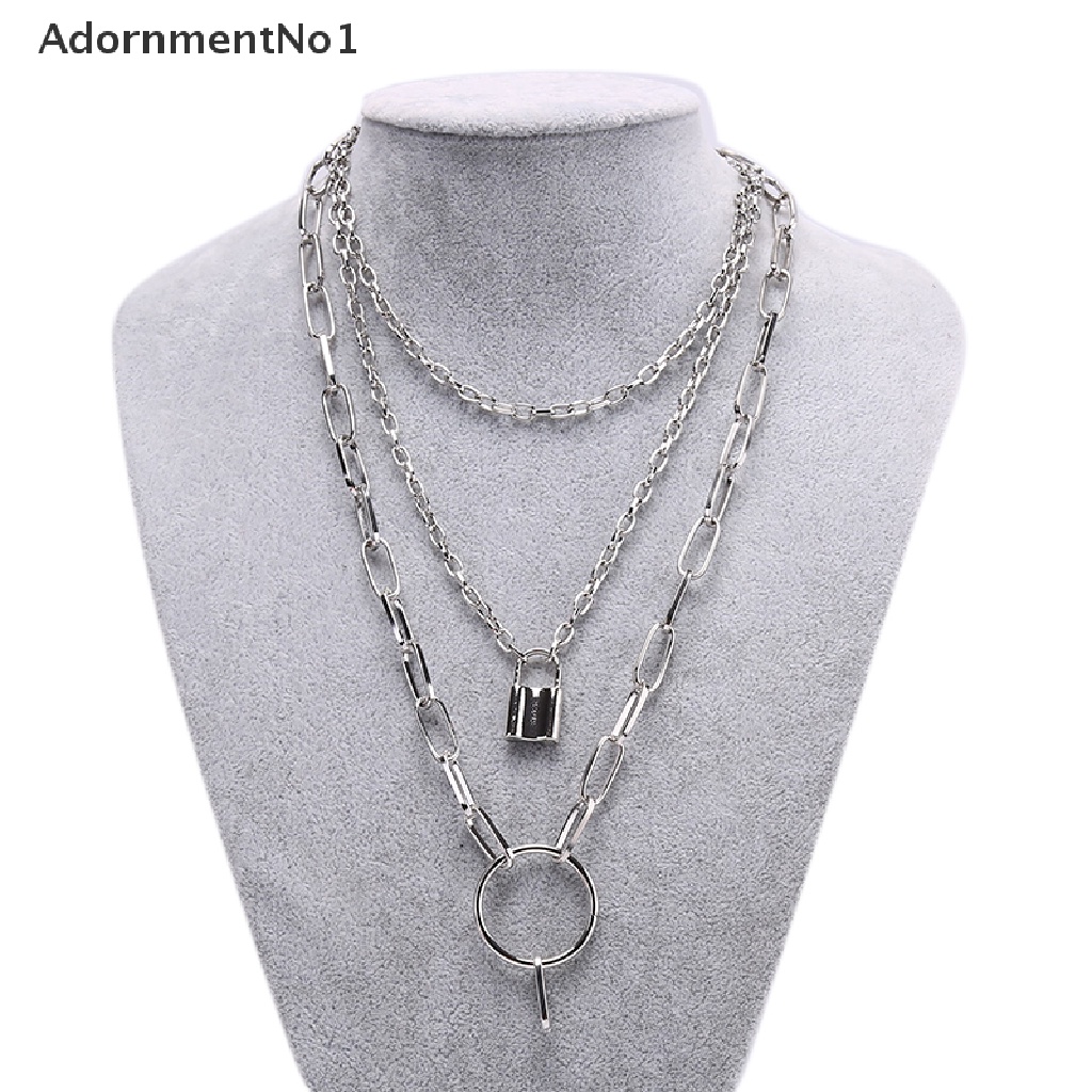 (AdornmentNo1) Kalung Rantai Banyak Lapis Dengan Liontin Gembok Bahan Alloy Gaya Punk Untuk Wanita