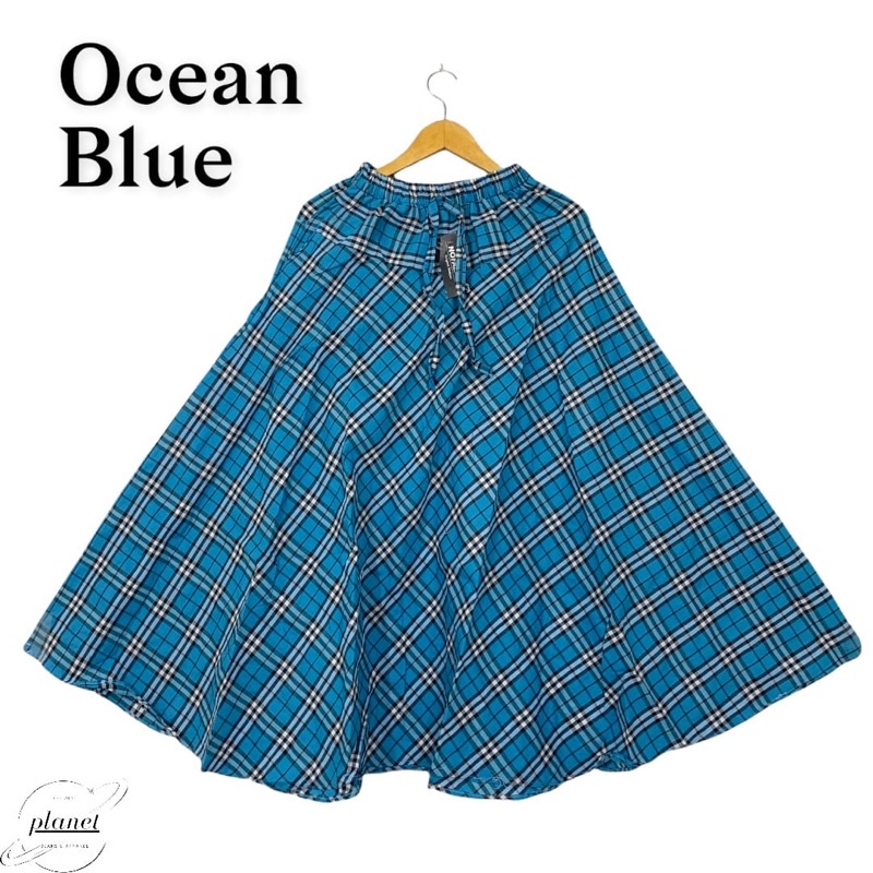 ROK KOTAK KOTAK PANJANG WANITA ROK PAYUNG MAYUNG ROK PANJANG ROK MUSLIMAH MUSLIM DEWASA BAHAN KATUN PINGGANG KARET TALIAN-Ocean blue