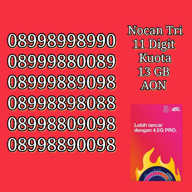 NOCAN Nomor Cantik 11 Digit Kartu Perdana 3 Tri Three 4G LTE Kuota 13 GB AON Kartu Langsung Diberi M