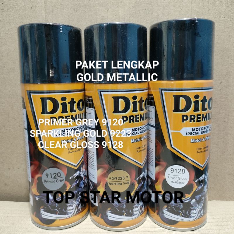 Pilok Paket Lengkap Cat Diton Premium Primer Grey 9120 Sparkling Gold VG9223 9223 Clear Gloss 9128 400cc.. Pilok Paketan Sparkling Gold Cat Semprot Diton Premium 400cc