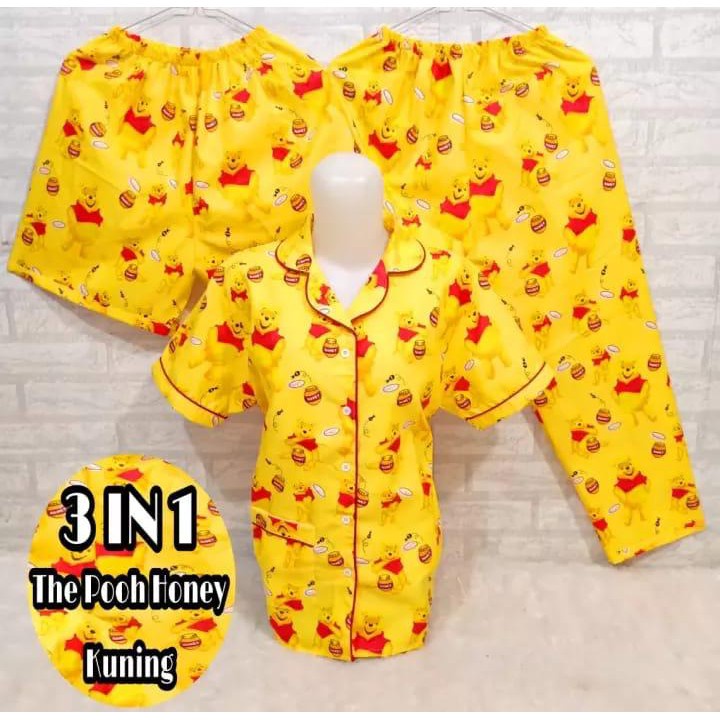 JNV Piyama CP 3in1 Wanita Motif Karakter Kartun 03 - Baju Tidur 3in1 - Bahan Katun-Pooh Honey Kuning