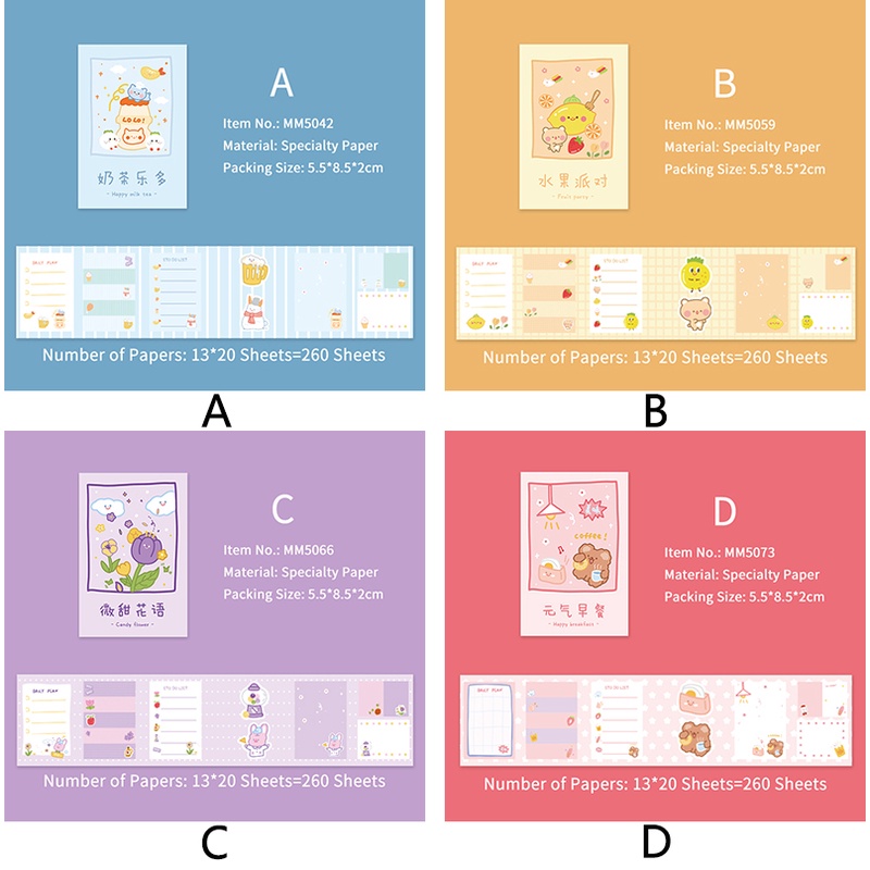 260 Sheets Creative Cartoon Foldable Sticky Notes Set for Girl Message Notes