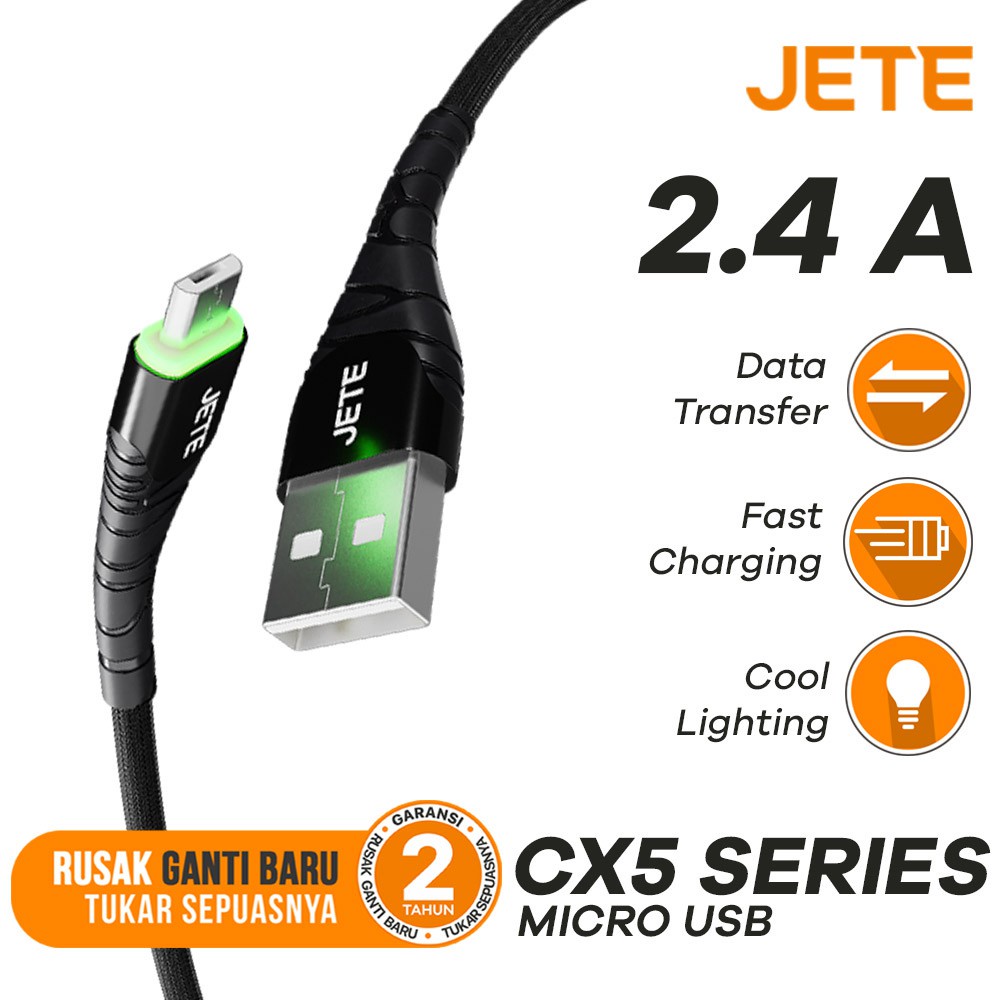 Kabel Data | Kabel USB | Kabel Charger Micro Fast Charging with LED Light JETE CX5 - Garansi  2 Tahun