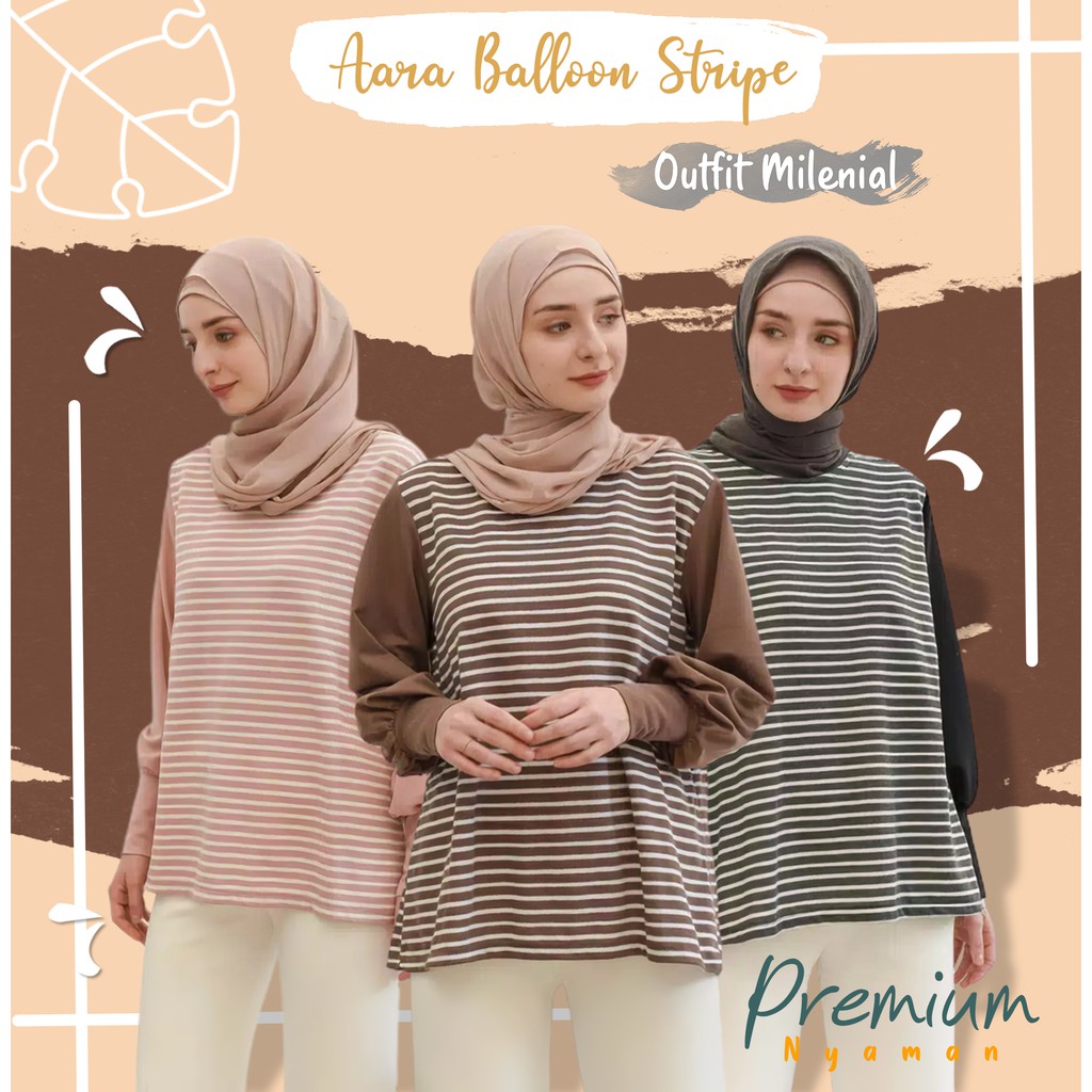 Baju Atasan Blouse Muslim Wanita Remaja Stripe Lengan Balon Panjang Jumbo Kekinian Premium Korea