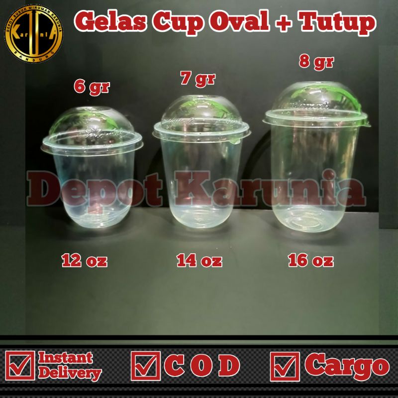 (50 pcs) Gelas Plastik Cup Oval 12oz 14oz, 16oz + (50pcs) Tutup Cembung/Domelid