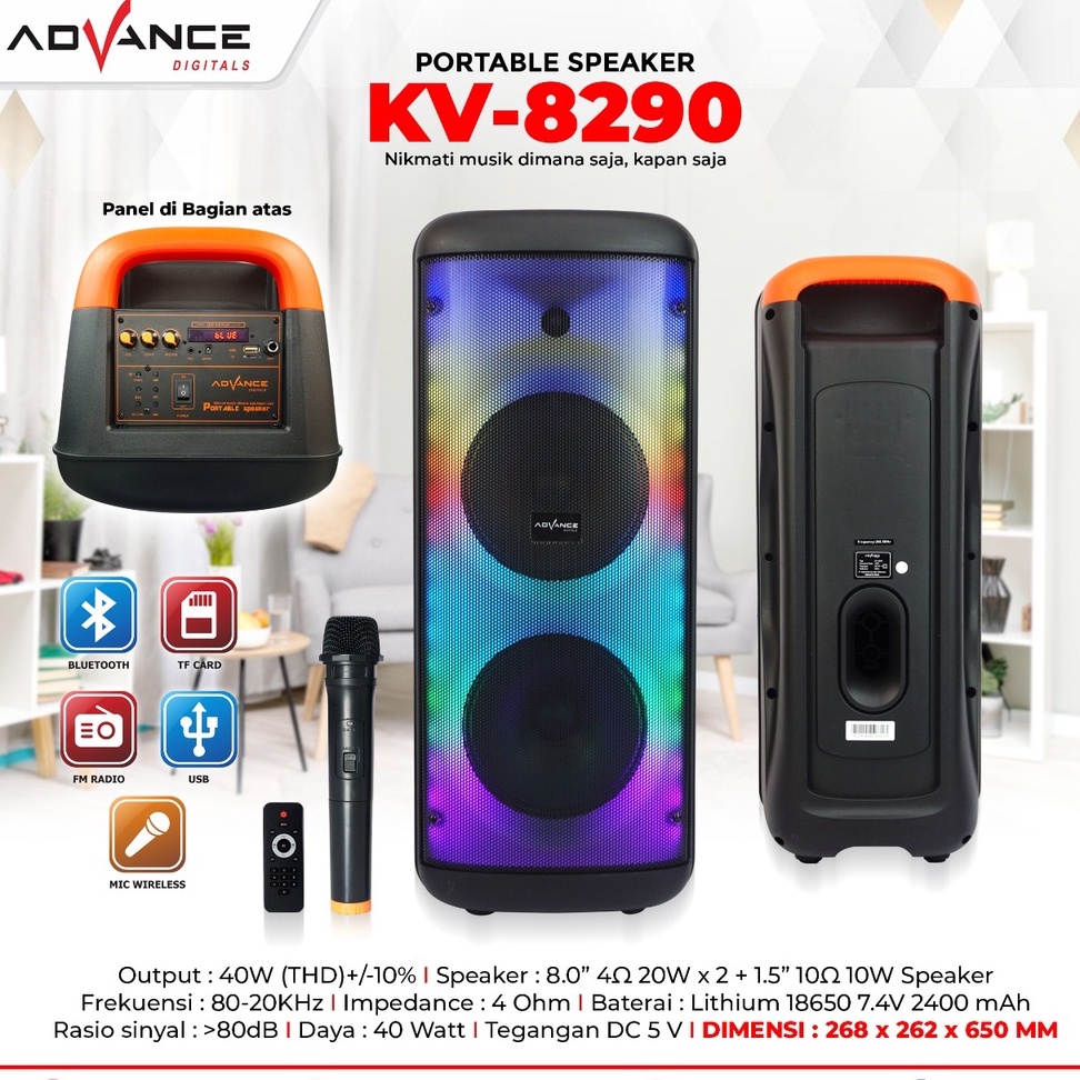 Advance KV-8290 Portable Speaker 8 inch - Free 1 Mic Wireless