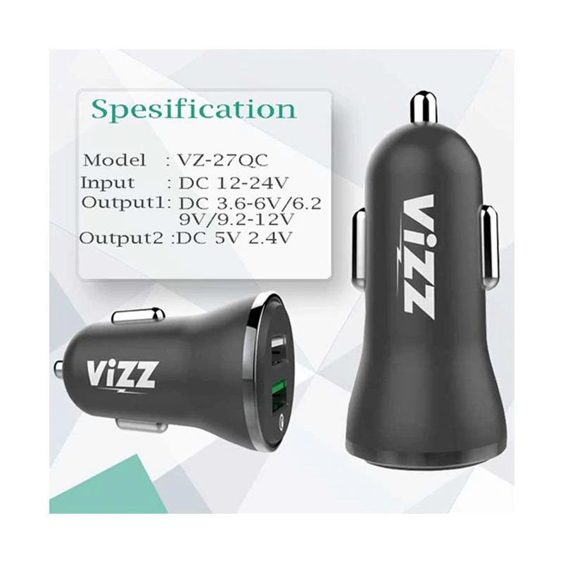 Car Charger Saver Mobil Cas Mobil Vizz VZ27QC Qualcomm Quick Charger 3.0 2USB 2.4A Kabel Ligtning