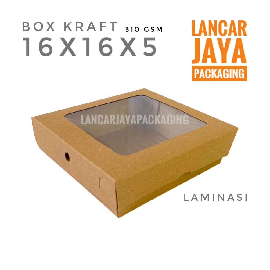 

Box Kraft Coklat Untuk Kotak Packing Kue Cake Roti Snack Laminasi Jendela 16x16x5