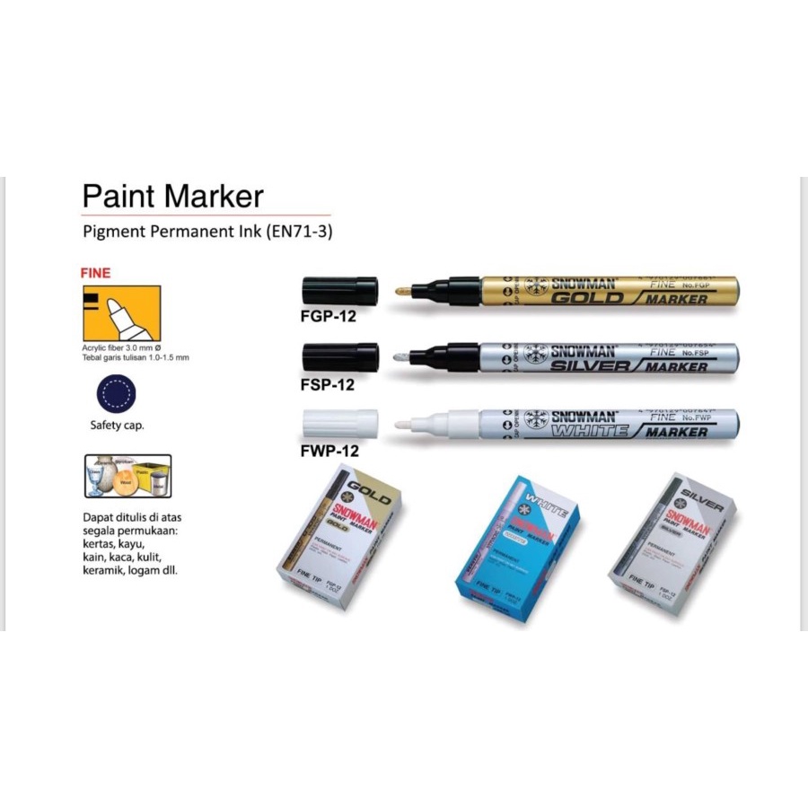 

spidol snowman paint maker/ spidol tebal 1.0 mm/ spidol warna putih/ spidol warna gold/ spidol warna silver