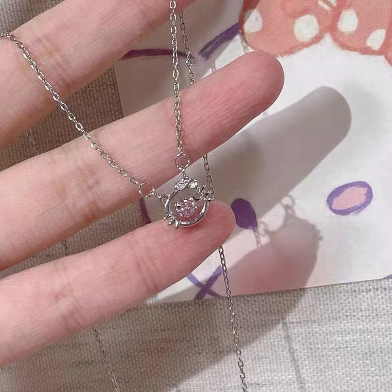 Roselife Kalung Rantai Silver Liontin Hati / Kucing Hias Kristal Pink Gaya Korea Untuk Wanita