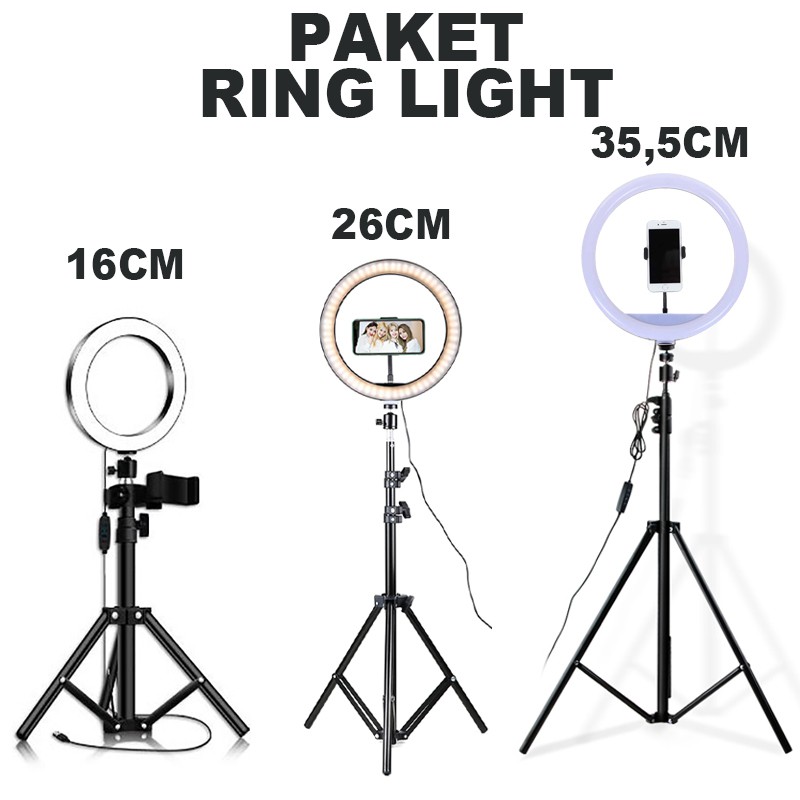 PAKET RING LIGHT BESAR 36CM + TRIPOD 2M Lampu Rias Make Up tiktok Vlog Kamera RingLight 35 33 26 cm
