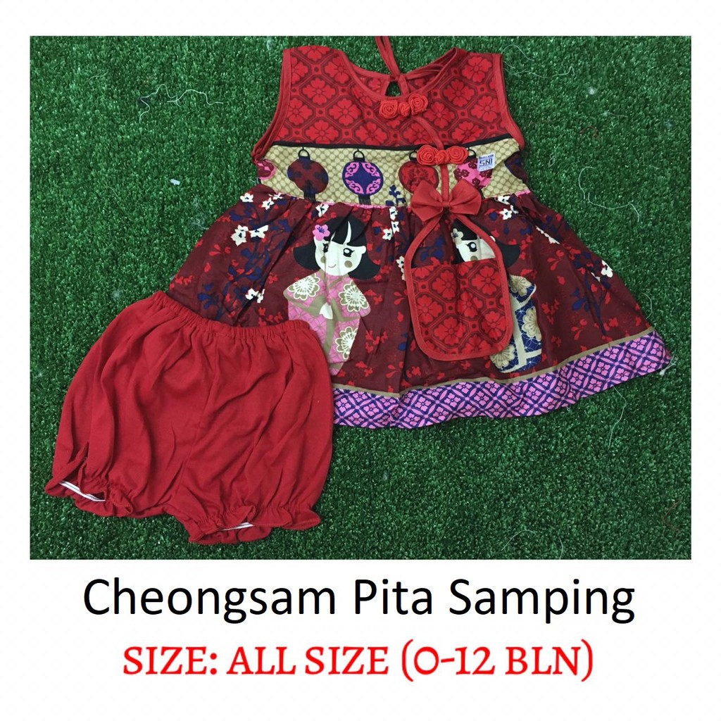 3in1 Dress Warna Merah Newborn + Celana + Tas 0-12 bulan Dress Red Cheongsam CBKS AM