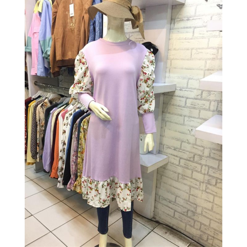 TUNIK KAOS RAJUT MUTIARA LILAC / TUNIK LILAC MOTIF BUNGA TREND 2021
